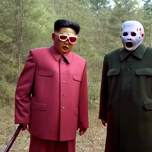 Image similar to a still of Kim Jong-il as Jason Voorhees, north Korean slasher, iconic hockey mask, machete