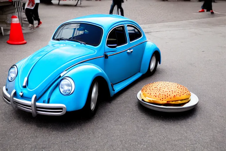 Image similar to a blue beetle car, with burgers for wheel rims