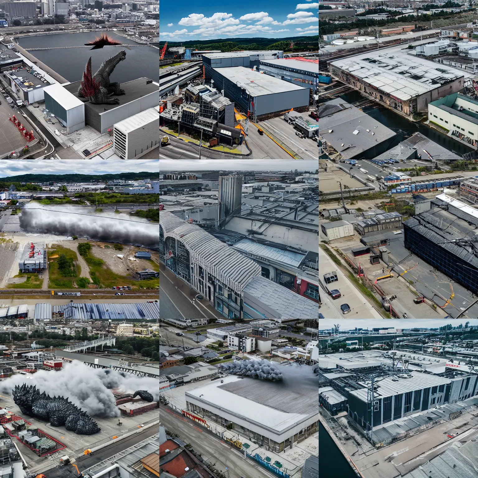 Prompt: godzilla attacking industrial building, drone view