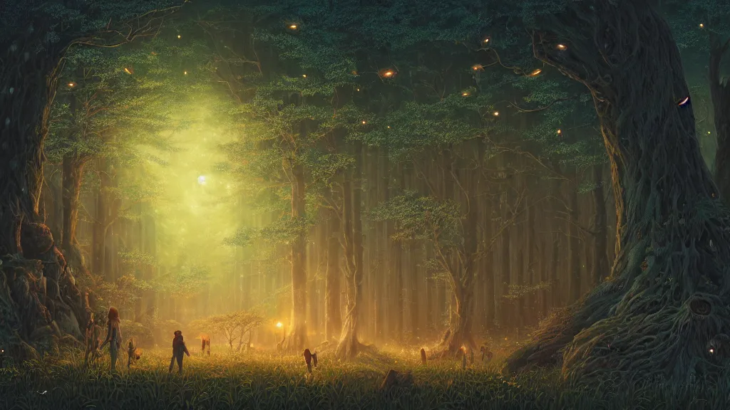 Prompt: highly detailed illustration of an old giant forest with fireflies at night by makoto shinkai, by oliver vernon, by joseph moncada, by damon soule, by manabu ikeda, by kyle hotz, by dan mumford, by otomo, 4 k resolution