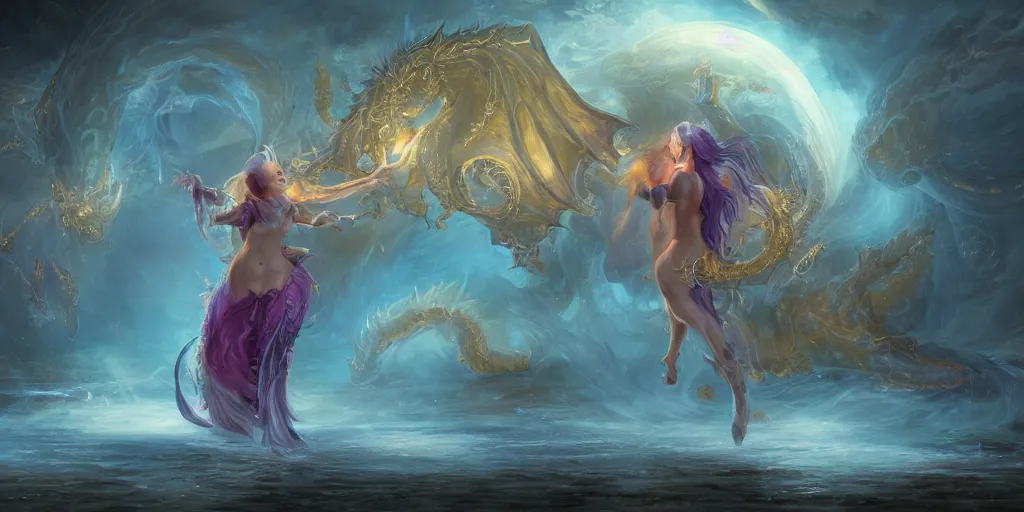 Prompt: concept art of translucent glowing curvy demon dancing booty, flowy, melting, round moons, rich clouds, very detailed, volumetric light, mist, fine art, textured oil over canvas, dragons, long tails, epic fantasy art, very colorful, ornate intricate scales, gold skulls, fractal gems, 8 k, hyper realistic, high contrast, yuji moriguchi