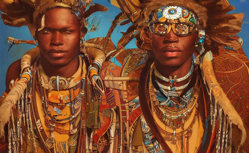 Prompt: a retro futuristic african tribal chief, art by joseph christian leyendecker, design blocking by drew struzan and alphonso mucha, highly detailed, digital painting, concept art, smooth sharp focus, intricate, symmetry,