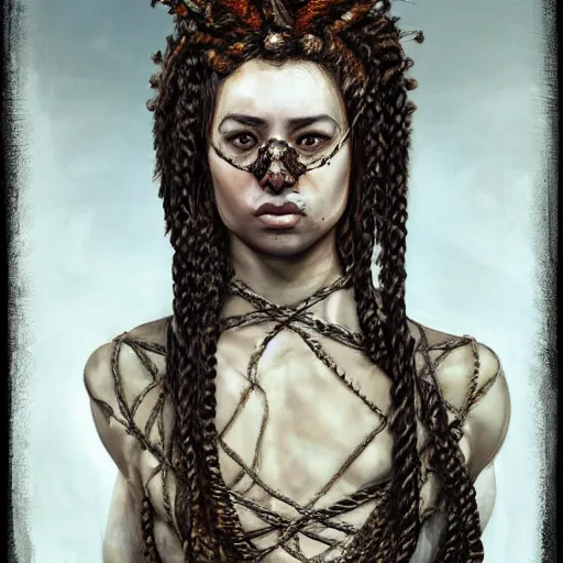 Prompt: portrait of a Shibari rope wrapped face and neck, headshot, insanely nice professional hair style, dramatic hair color, digital painting, of a old 15th century, zulu warrior, amber jewels, baroque, ornate clothing, scifi, realistic, hyperdetailed, chiaroscuro, concept art, art by Franz Hals and Jon Foster and Ayami Kojima and Amano and Karol Bak,