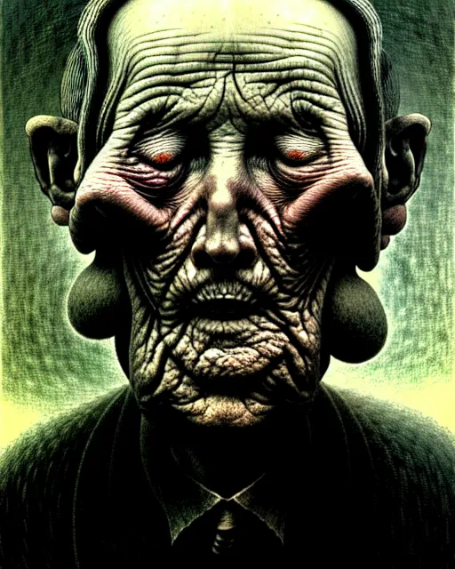 Prompt: close up portrait of very old man with no eyes and hands for face drawn by beksinski, high definition