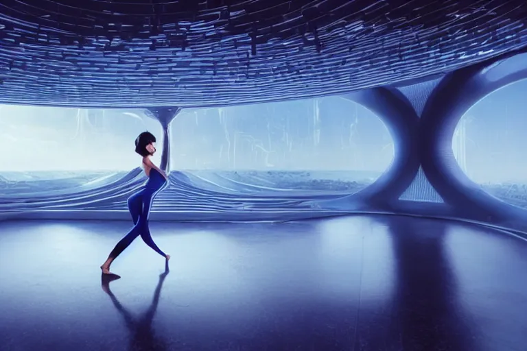 Image similar to vfx movie scene closeup portrait of beautiful blue skin fit alien woman dancing in in yoga pants in sleek futuristic decadent spaceship pillars, alien antenna, futuristic ballroom. big eyes, giant windows view of earth obit. by emmanuel lubezki