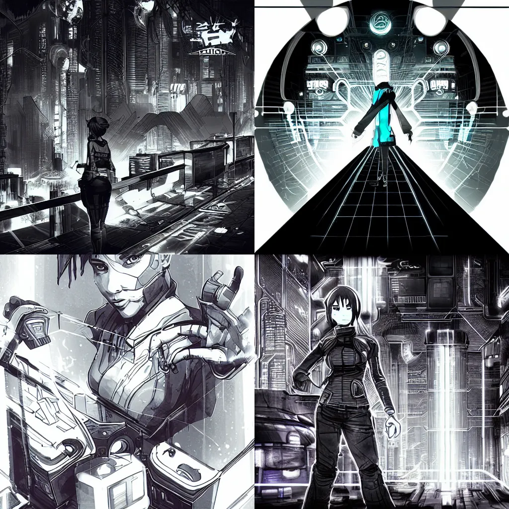 Prompt: netrunner drinking gamer fuel, cyberpunk, futuristic, sumai-e artstyle, monochrome filter