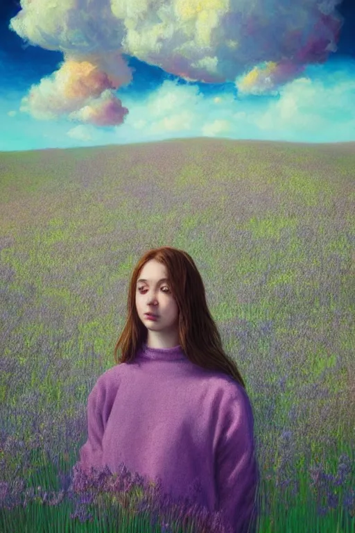 Image similar to portrait, giant lilac flower as head, girl in heather field, surreal photography, golden hour, colorful clouds, impressionist painting, digital painting, artstation, simon stalenhag