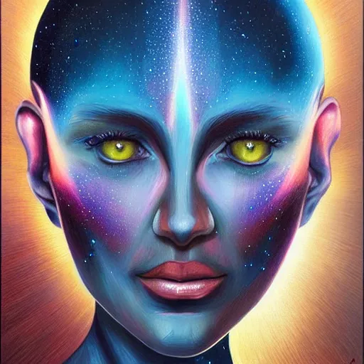 Prompt: a beautiful Pleiadian human-alien hybrid woman, oil painting, featured on artstation