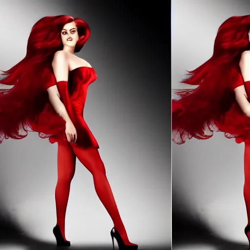 Image similar to Emma Watson as Jessica Rabbit, (Sony a7R IV, symmetric balance, polarizing filter, dynamic range, HDR, staggered depth)