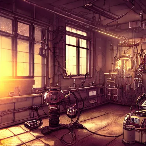 Prompt: old room full of cable, steampunk, robot, laboratory, sun shaft, indoor, interior, artstation, realistic, gibli style