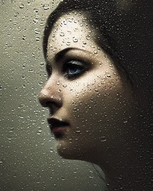 Prompt: a woman's face in profile, made of raindrops, in the style of the dutch masters and gregory crewdson, dark and moody