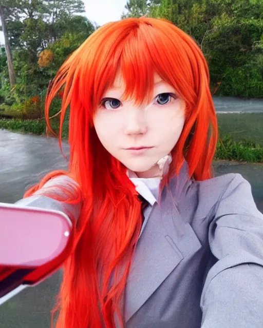 Image similar to asuka langley soryu takes a selfie in real life, asuka langley soryu cosplay, real life photo picture, award winning photograph