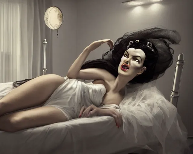 Prompt: phtorealistic modern pin up of monica bellucci as the bride of frankenstein posing in a bed in the room of a sanatarium, full body, campy color scheme, realistic, center, smooth, detailed, 8 k, artstation, octane render, ambient lighting, daniela uhlig