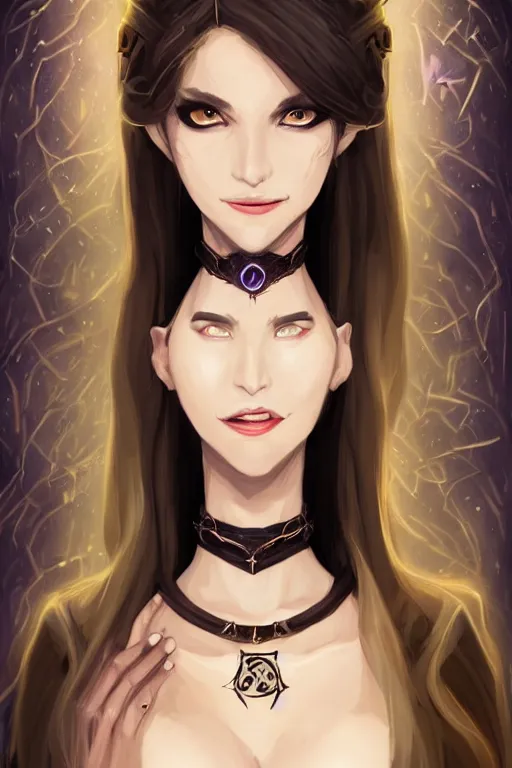 Image similar to a full body portrait of a gorgeous female sorceress, looking at camera, D&D, choker on neck, stylish dress with arcane symbols, very long flowing hair, intricate, elegant, stylish, cute slightly nerdy smile, mouth slightly open, fantasy, extremely detailed, digital painting, artstation, concept art, smooth, sharp focus, illustration, stunning lighting, art by artgerm and greg rutkowski and alphonse mucha and simon stalenhag