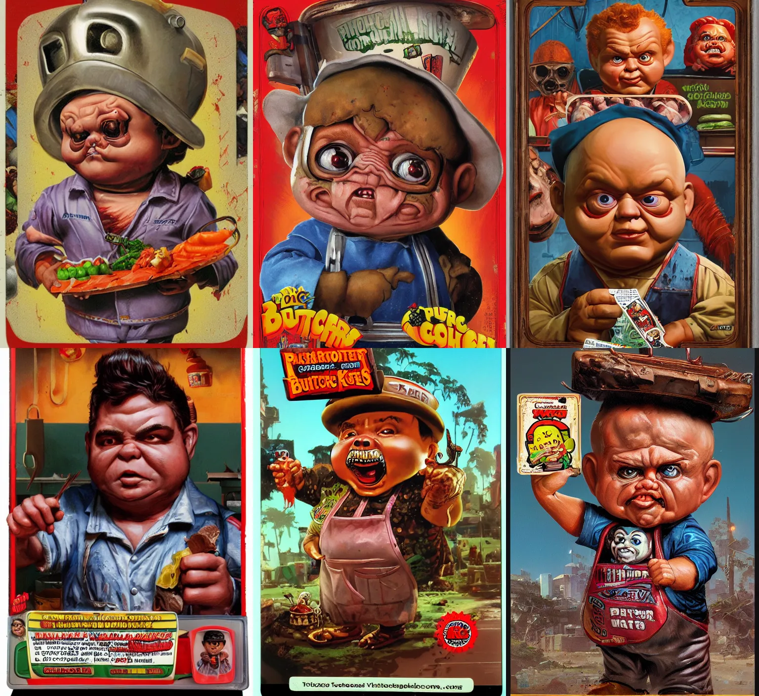 Prompt: Portrait of a butcher , garbage pail kids style by Craig mullins and Jason edmiston, plastic toy, detailed trading card, zoom out