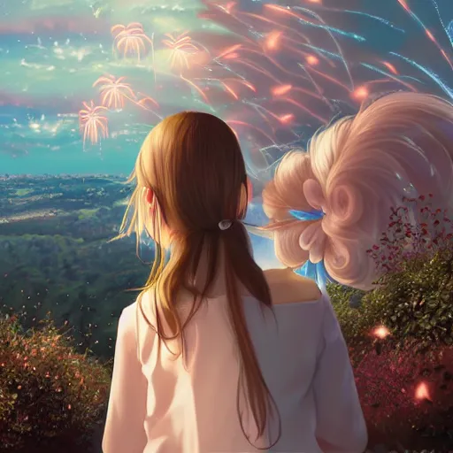 Image similar to girl watching watching fireworks on a hill, digital art, by range murata, akiyuki shinbou, highly detailed, realistic, cinematic, bold colours, photorealism, 4 k