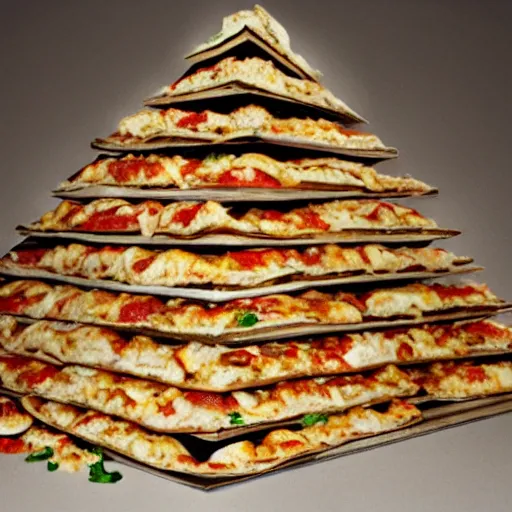 Image similar to a pyramid made of pizzas