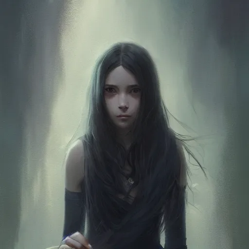 Prompt: a beautiful girl with long dark hair, portrait, sharp focus, intricate, digital painting, artstation, highly detailed, ambient lighting, illustration, art by Studio Ghibli and Greg Rutkowski