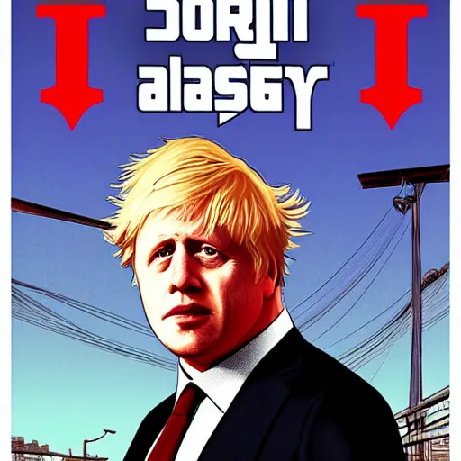 Image similar to Boris Johnson in GTA V, cover art by Stephen Bliss, boxart, loading screen