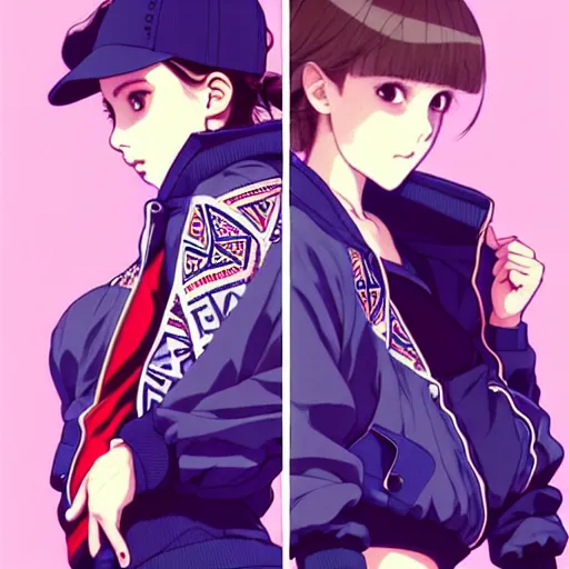 Image similar to a beautiful! boyish! natalie portman alluring gravure! model, wearing oversized mayan bomber jacket and leotard with overalls, bulky poofy bomber jacket with mayan patterns, gapmoe yandere grimdark, trending on pixiv fanbox, painted by greg rutkowski makoto shinkai takashi takeuchi studio ghibli, akihiko yoshida