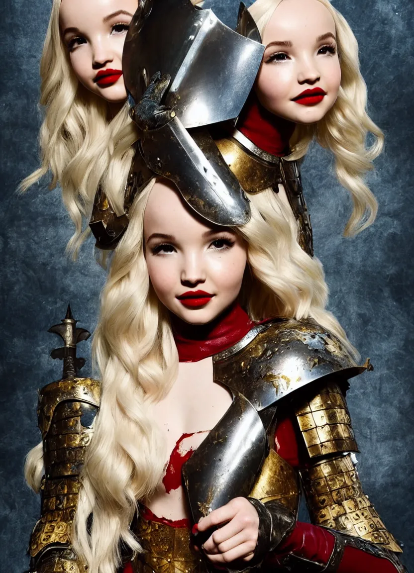 Image similar to dove cameron in a knight armor, full plate, photography, movie poster, red lipstick, leather, blood stains, hair in the wind, shiny metal armor, gold, victorious on a hill, battlefield, full body, sword pointed at sky