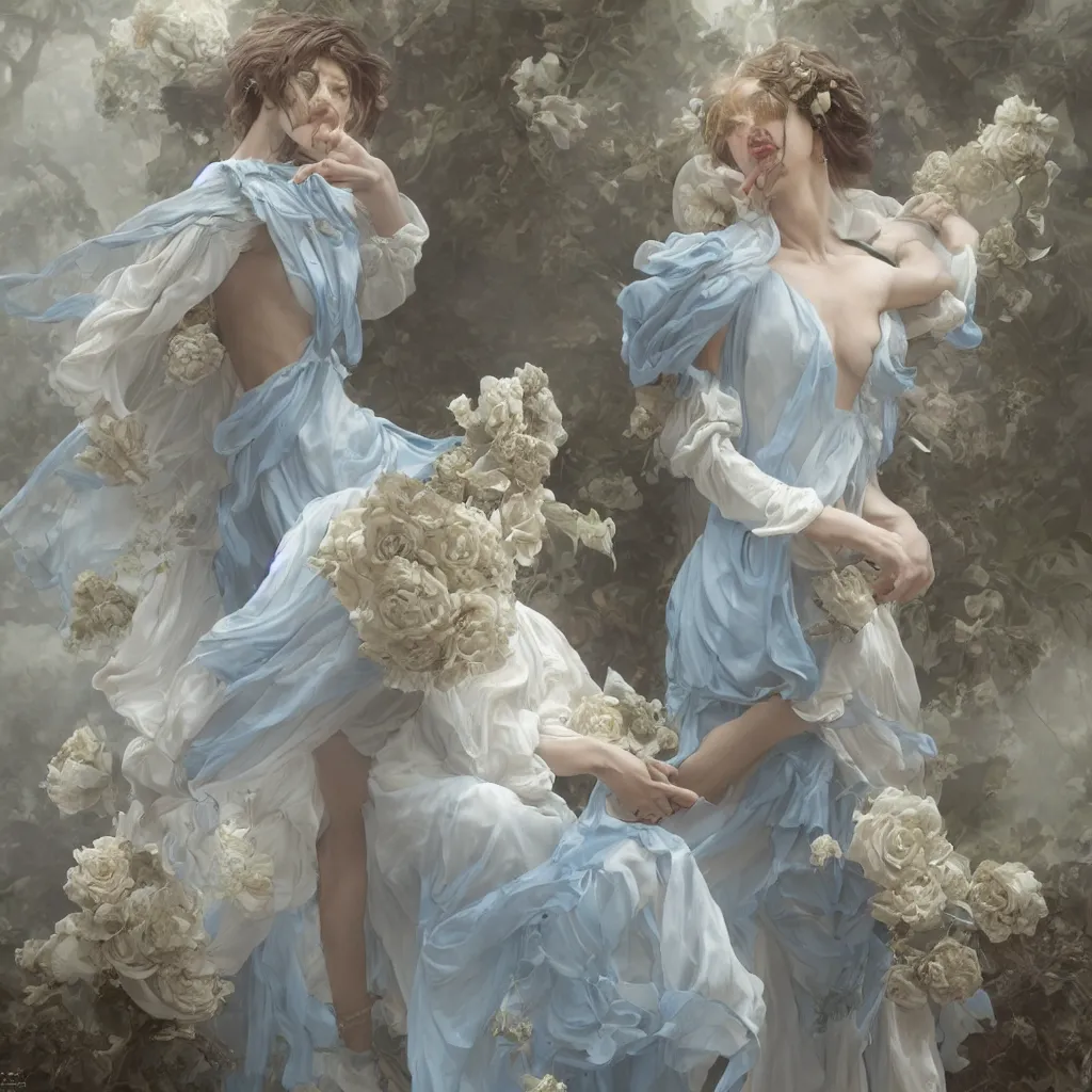 Image similar to one woman dressed in a vaporous wrapped large victorian cream roses silk semi-transparent blue and cream dress fashion is running D&D, fantasy, intricate, elegant, highly detailed, digital painting, artstation, concept art, matte, sharp focus, illustration, art by Artgerm and Greg Rutkowski and Alphonse Mucha, UHD