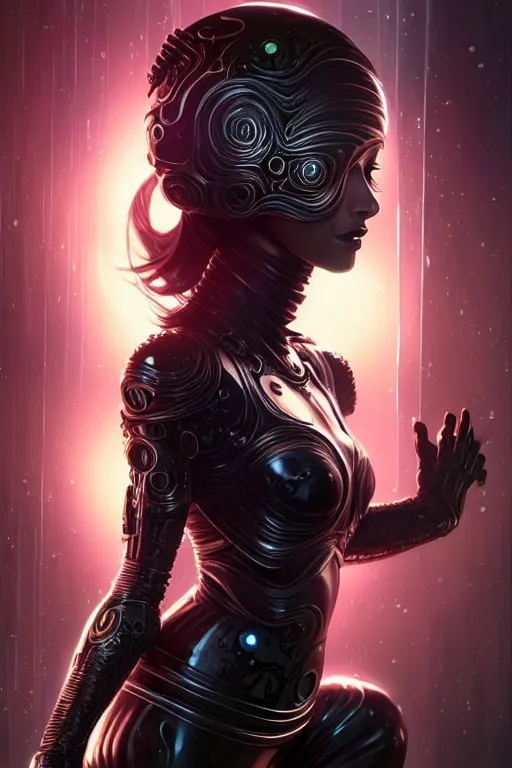 Prompt: beautiful female android in distress!, black shiny eyes, half portrait, background explosion, intricate detailed environment, floro details, intricate, elegant, highly detailed, digital painting, artstation, concept art, smooth, sharp focus, illustration, art by artgerm and greg rutkowski and brian sum,