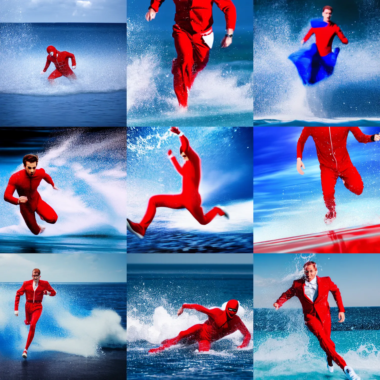 Prompt: a man in red suit running in mach 3 super speed on a serene royal blue and white ocean, water splash, tsunami behind him, speed blur, visually stunning, majestic