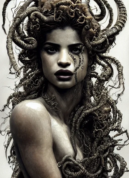 Prompt: portrait of anne curtis as medusa looking for camera wearing greek chiton, fantastically eerie, desaturated colors, pen and ink, glamorous pose, intricate line drawings, by craig mullins, ruan jia, kentaro miura, greg rutkowski, loundraw