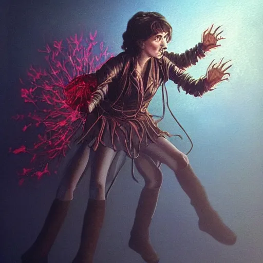 Prompt: kate bush battling vecna from stranger things, exquisite airbrush painting from the eighties, intricate detail, artstation,