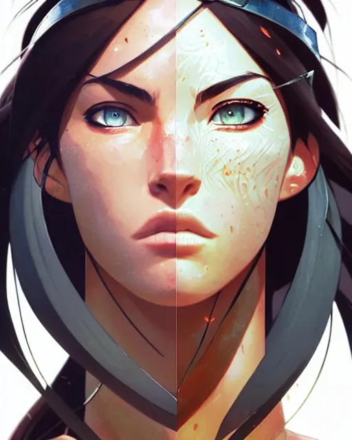 Image similar to azctec warrior, megan fox, detailed perfect face, exquisite details, fire magic, mid view, design on a white background, by studio muti, greg rutkowski makoto shinkai takashi takeuchi studio ghibli