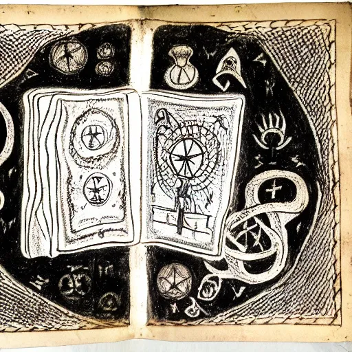 Prompt: scan of book with intricate drawings in charcoal and blood of occult drawings for a black magic ritual in a book about magic. laveyian feeling. by Agnes Cecil. on a parchment made from thin leather. the parchment is 2000 years old.