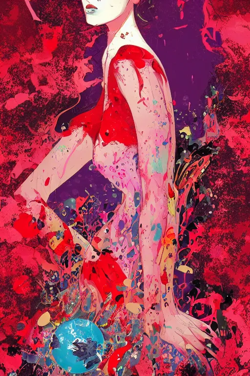 Image similar to beautiful lady half necromancer, made of red gucci fabric, pixiv fanbox, dramatic lighting, maximalist pastel color palette, splatter paint, pixar and disney exploded - view drawing, graphic novel by fiona staples and dustin nguyen, peter elson, alan bean, wangechi mutu, clean cel shaded vector art, trending on artstation