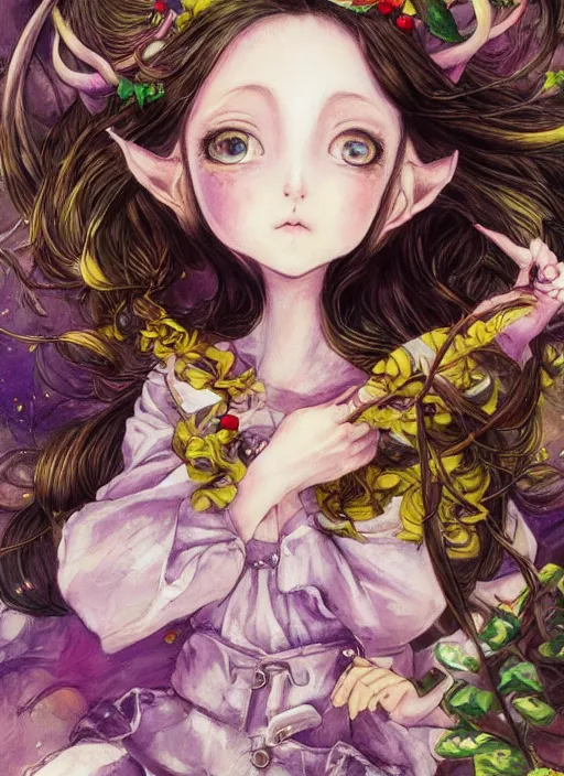 Image similar to little elf girl, santa claus suit, soft hair. light color palate, purple, yellow and white. detailed soft painting, ayami kojima, made in abyss, anatomically correct, inspired in balthus, high detailed face anime, vogue magazine, glorious composition, mobile wallpaper