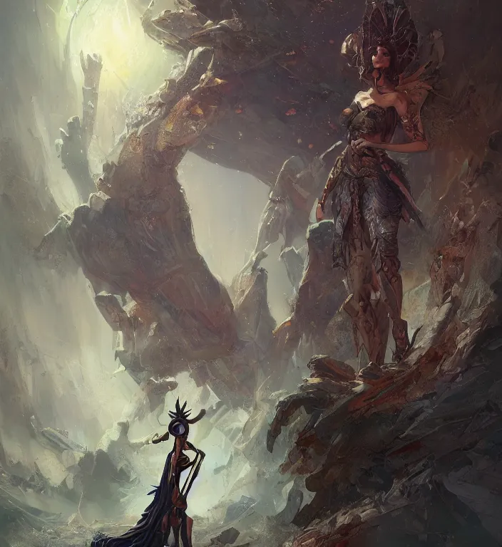 Image similar to full body illustration of a goddess, tarot card, dark souls colour scheme, establishing shot, coherent, high detailed, kerem beyit, Karol Bak, peter mohrbacher featured on artstation