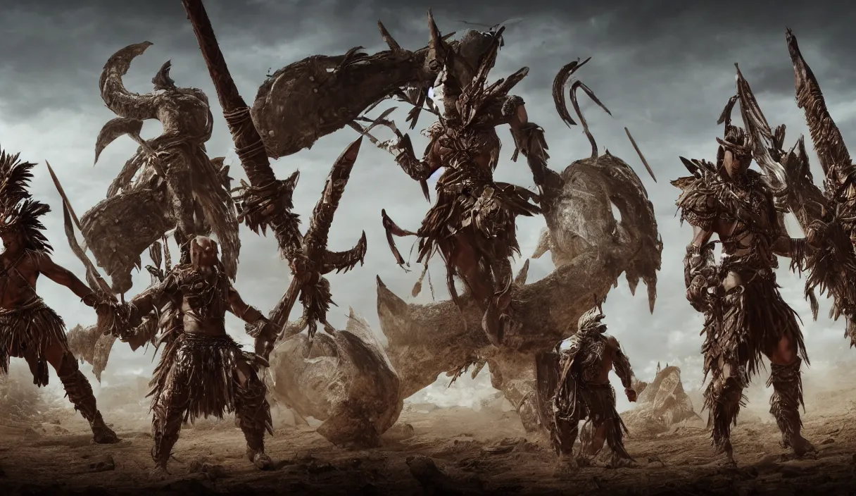 Image similar to panorama photo of two ancient tribesman in armor from monster hunterin the distance, they have futuristic weapons and stands in front of attacking barbarian horde in the background, back shot, muscular bodies, dramatic lighting, cinematic, establishing shot, extremely high detail, photorealistic, 300 the movie,monster hunter the movie, monster hunter, cinematic lighting, artstation, octane render, western,old photo, vintage