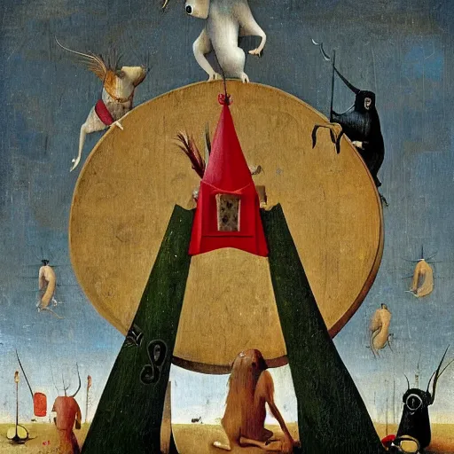 Prompt: anthropomorphic animals worshipping a giant dollar sign, prostration, fear, devotion, by hieronymus bosch, ultra detailed, highly detailed, 8 k, trending on artstation, award - winning art,