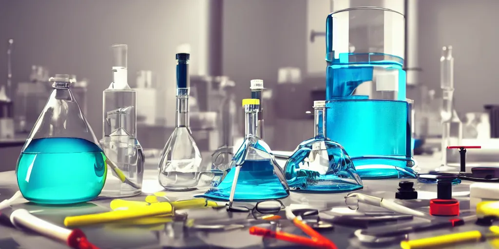 Image similar to instruments being used to mix chemicals, scientist, blender, 3d, apartment