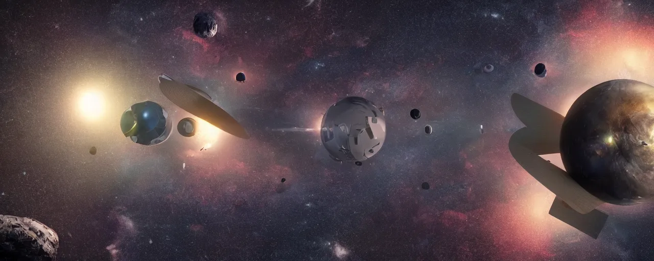 Prompt: movie still, galactic plane with angular minimalist obsidian monoliths floating in space, cell automata, unreal engine, octane render, detailed and intricate, cloudy, global illumination, volumetric lighting, hubble telescope images, james webb telescope images, detailed and intricate environment, color graded