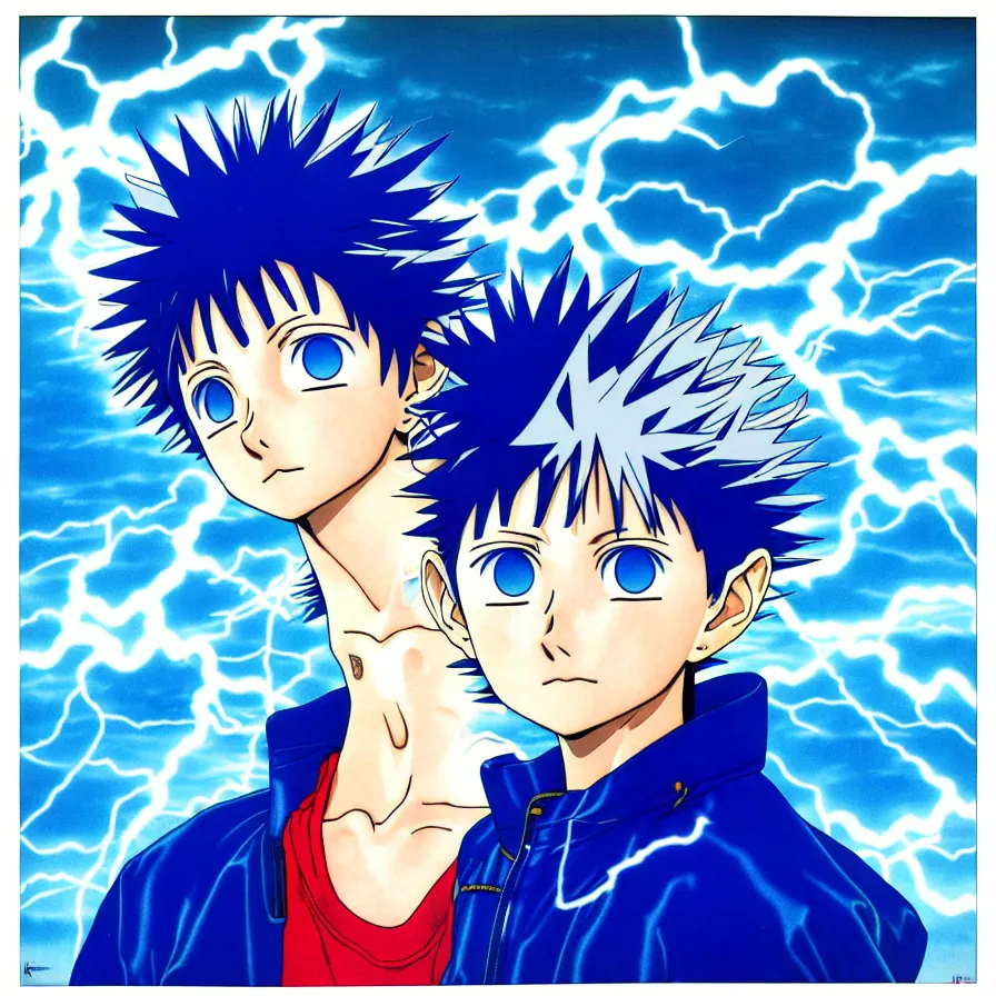 Image similar to killua zoldyck by mœbius, overdetailed art, blue and white colorful, record jacket, thunderstorms,