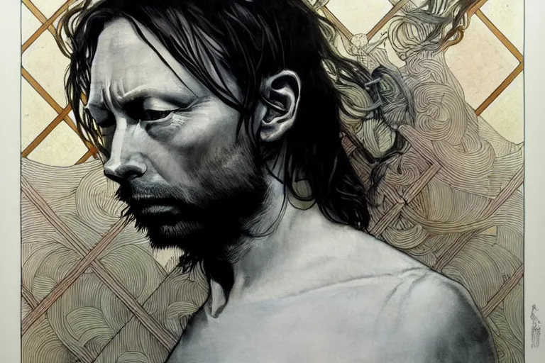 Image similar to hyper realistic portrait of thom yorke singer songwriter, side, liminal space, by lee bermejo, alphonse mucha and greg rutkowski