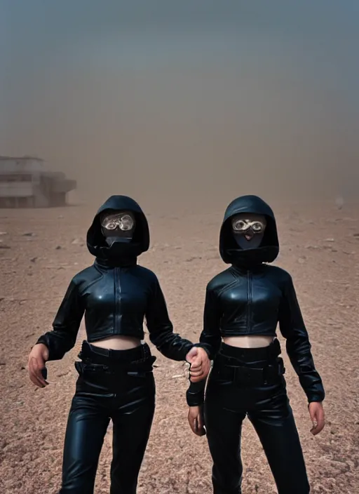 Image similar to cinestill 5 0 d photographic portrait of two loving clones, techwear women on a desolate plain, a brutalist dark metal facility in the background, dust storm, depth of field, 4 k, 8 k, hd, full color