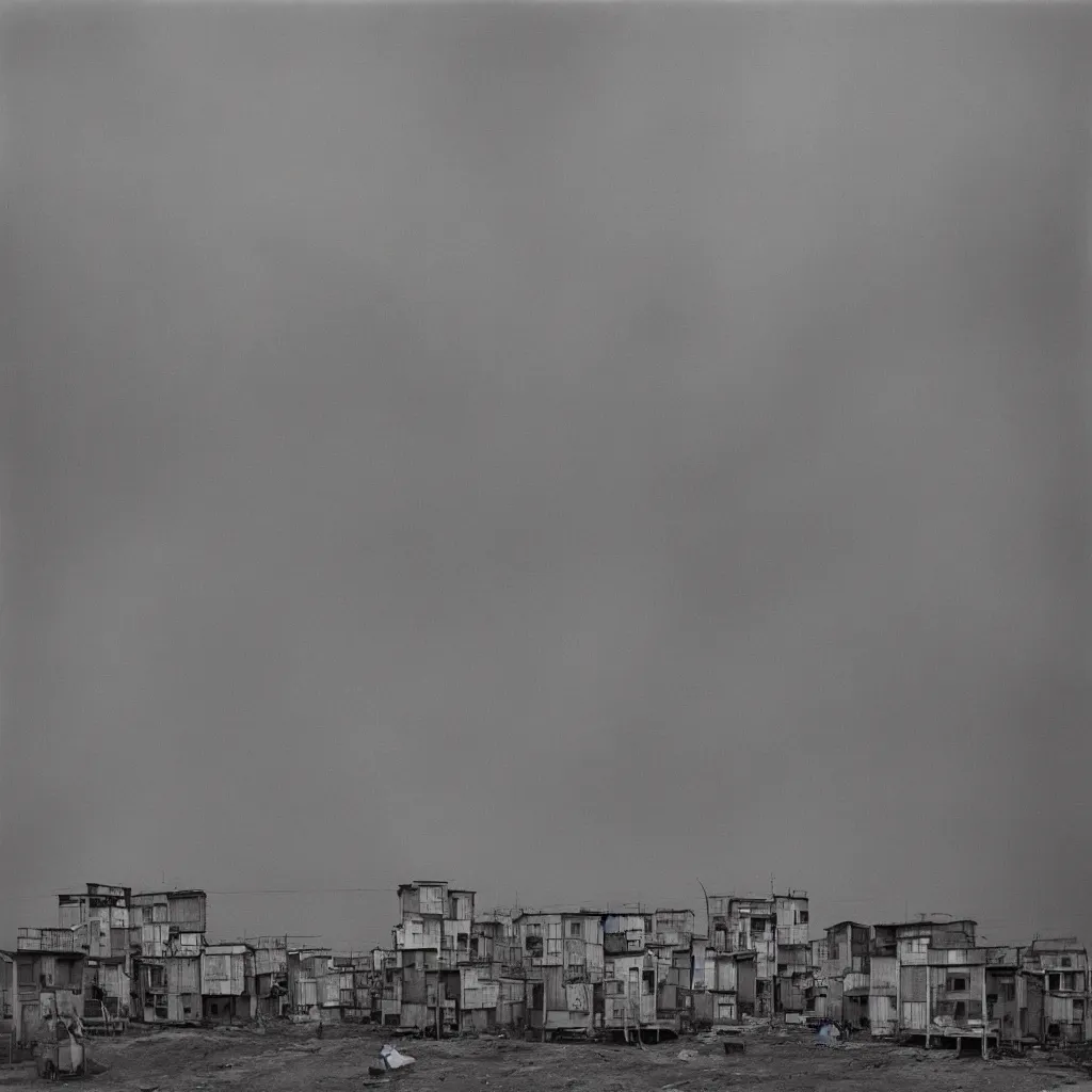 Image similar to towers made up of densely stacked makeshift squatter shacks with pastel colours suspended over a quagmire, plain uniform sky at the back, misty, mamiya, ultra sharp, very detailed, photographed by man ray