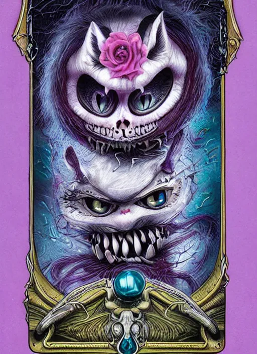 Image similar to cheshire cat death tarot card, highly detailed, half skull face, cinematic, 8 k, bymegan duncanson, benjamin lacombe, naoto hattori, adrian borda, giger, trending on deviantart, hyper detailed, horror, full of colour