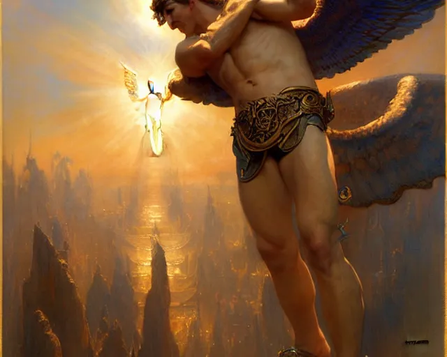 Image similar to attractive pagan male deity, summons handsome lucifer morning star. highly detailed painting by gaston bussiere, craig mullins, j. c. leyendecker 8 k