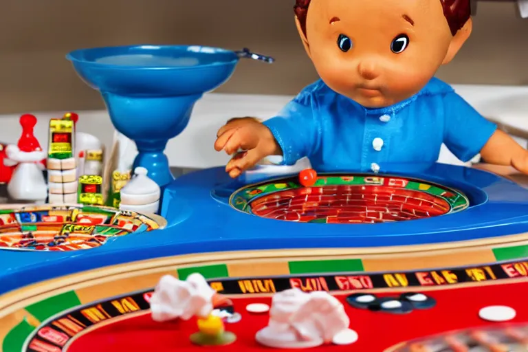 Prompt: italian chef taking a bath on a roulette table fisher - price scene from tv show 5 5 mm