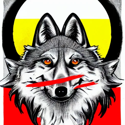 Prompt: portrait of retarded wolf, squint eyes, rabies, propaganda style, vivid colors, detailed