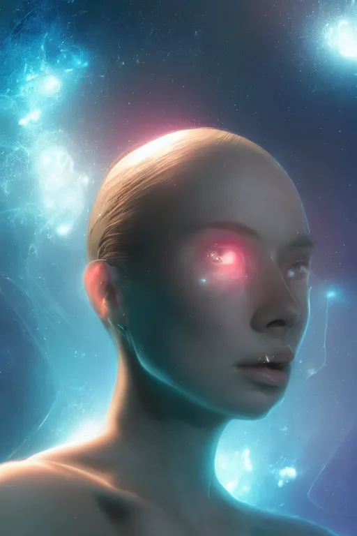 Prompt: portrait woman cyborg floating in space letting go of reality and experiencing the quantum feild, matte painting comic book art, cinematic, highly detailed, realistic, beautiful cosmic neural network, octane render, unreal engine, depth of field, trending on artstation, sharp focus, philosophical splashes of colors