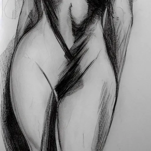 Prompt: black and white line drawing of a callipygian, radiant skin, sketch art, reference art, fit body, arched back, grayscale, Louis Royo