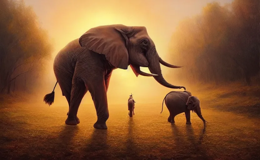 Prompt: a masterpiece oil painting of a marching elephant. wide angle, fantasy art, golden hour, by artgerm, fog, finger of god, amazing wallpaper